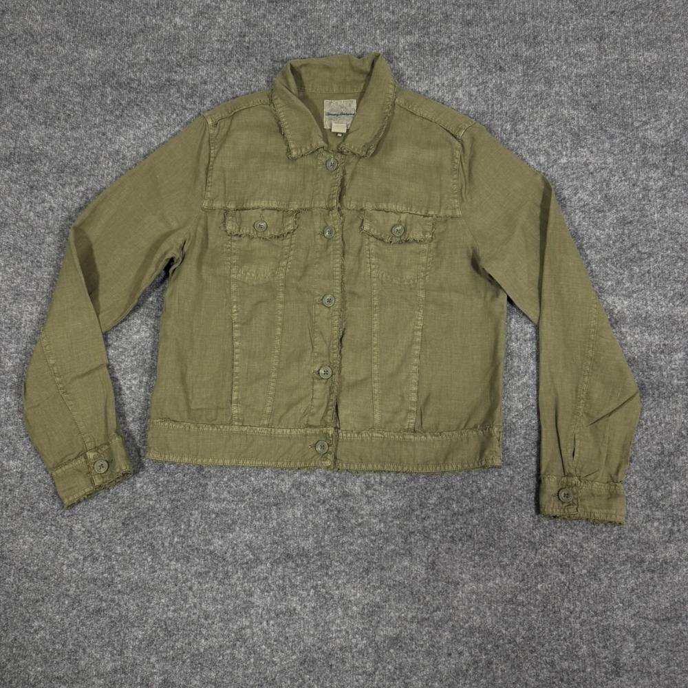 Tommy Bahama Linen Trucker Jacket Frayed Hem Womens M Olive Green 100% Linen EUC